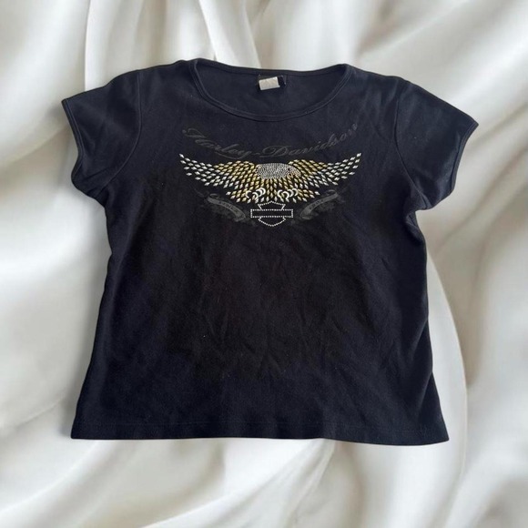 Harley-Davidson Tops - Y2K vintage Harley Davidson rhinestone eagle short sleeve top‎ grunge graphic